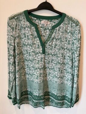 Green & White 100% Cotton Printed Henley Long Sleeved Top